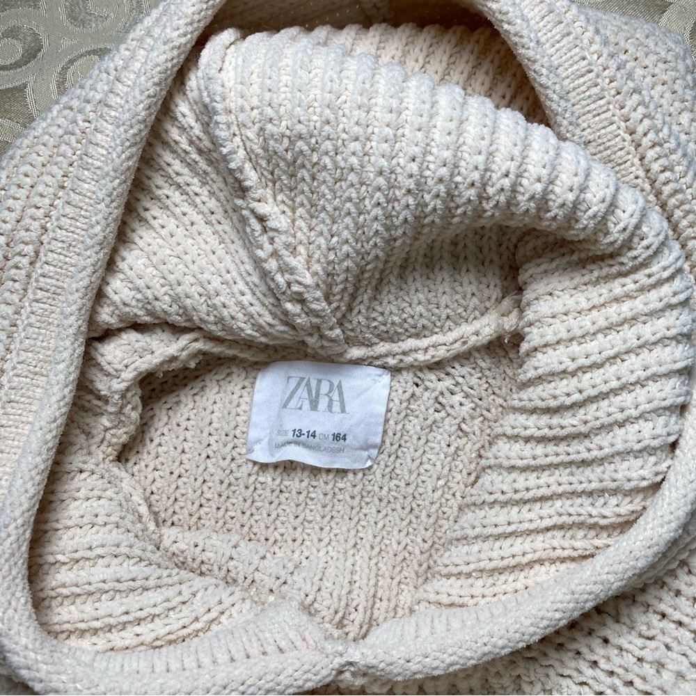 ZARA Girls Sz 13-14 Hooded Pullover Poly Blend Knit Sweater Cozy Cream - Picture 10 of 11